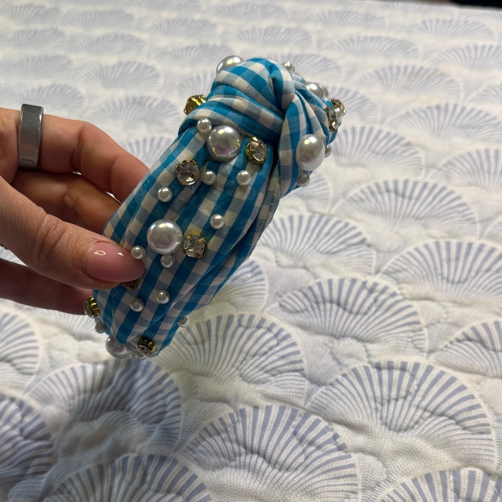 Blue Gingham Pearl Crystal Knotted Headband Preppy Coastal Statement - Picture 3 of 7